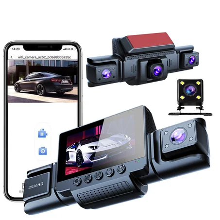 Mini câmara veicular WIFI de 4 canais, 1080P, 360°, com 8 luzes infravermelhas, visão noturna de 170 graus, lente traseira, DVR para automóvel e monitorização de estacionamento 24 horas.