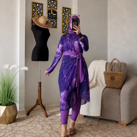 💜 سحري الأنظار بـ Burkini Flower الملكي.. الحشمة والأناقة لي تمنيتيها! ✨(5 قطع)