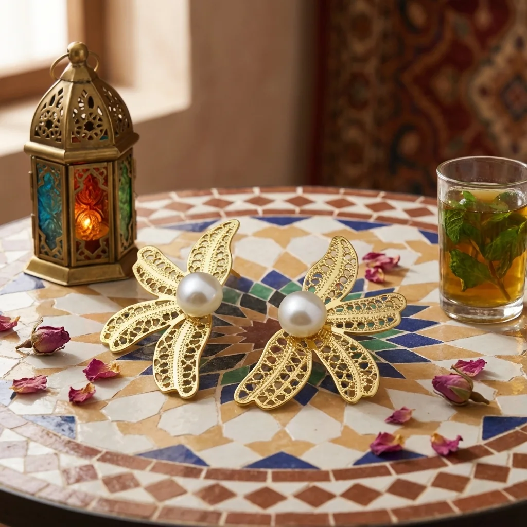 أقراط ذهبية بلؤلؤة مركزية – أناقة مجنّحة