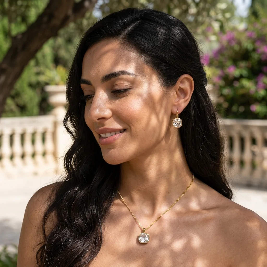 Parure Dorée Haute Qualité – Chaîne et Boucles Pendantes avec Pierre Cristalline Géométrique