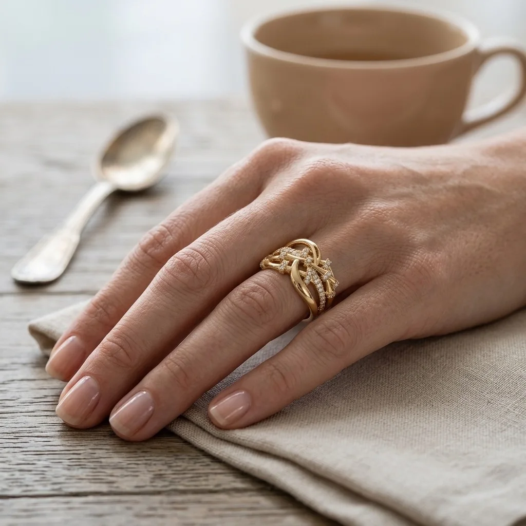 Bague Large Dorée pour Femme – Design Entrelacé Sculptural Pavé de Strass