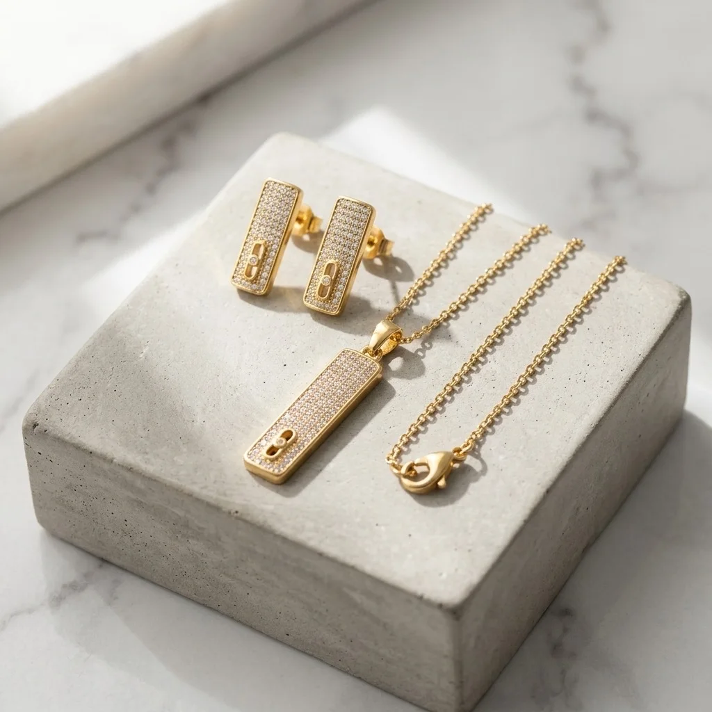 Parure Collier et Boucles d'Oreilles Dorés – Pendentif Barre Pavé & Cristal Coulissant 