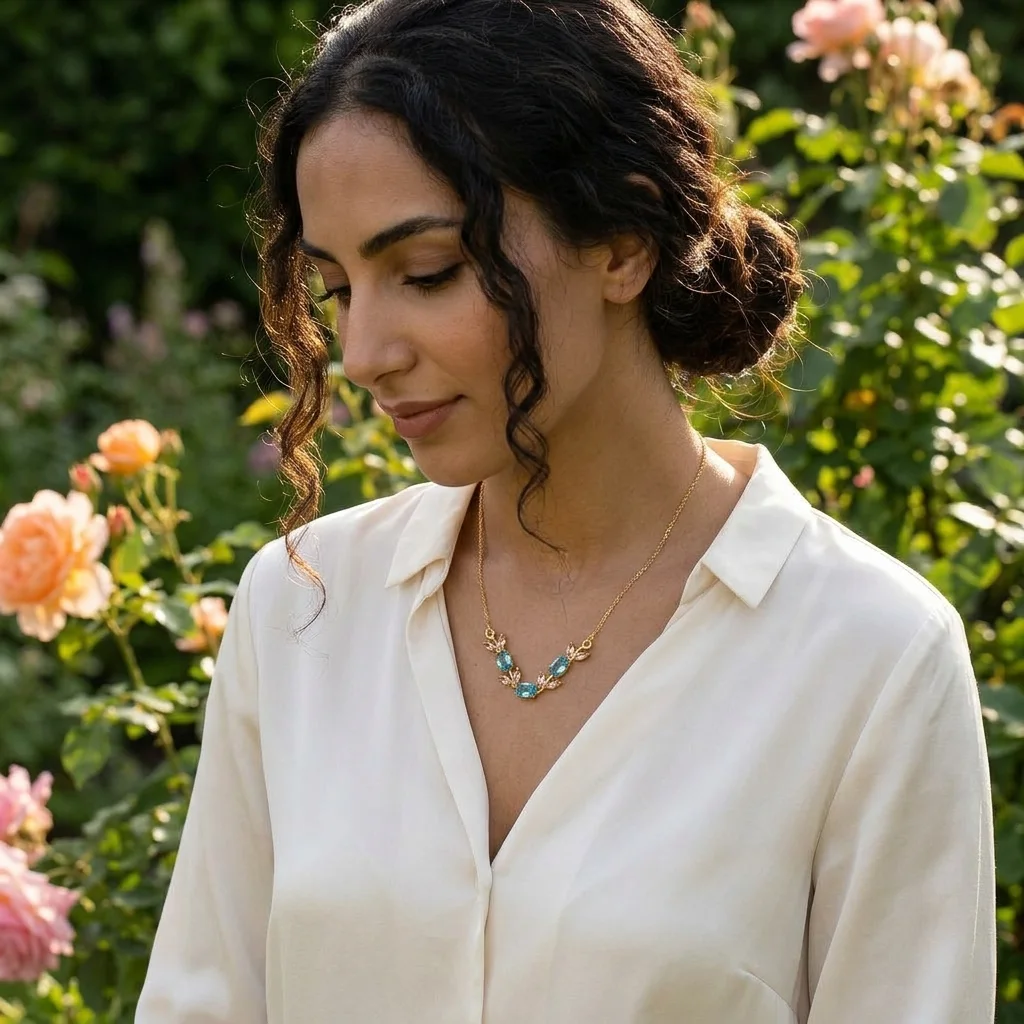 Collier Rameau Floral Doré – Motif Guirlande de Feuilles Cristallines & Pierres Facettées