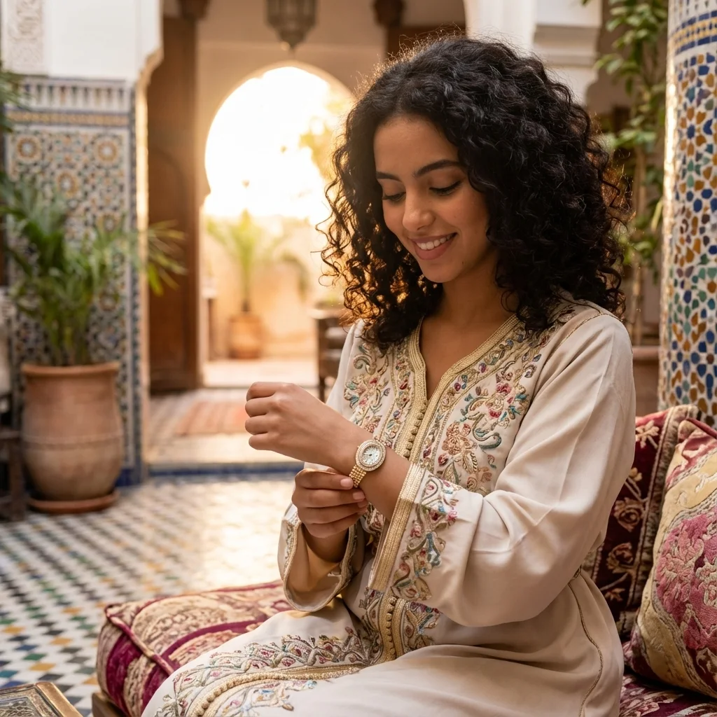 ساعة فاخرة — ذهبية بيضاوية مرصعة بالأحجار اللامعة
