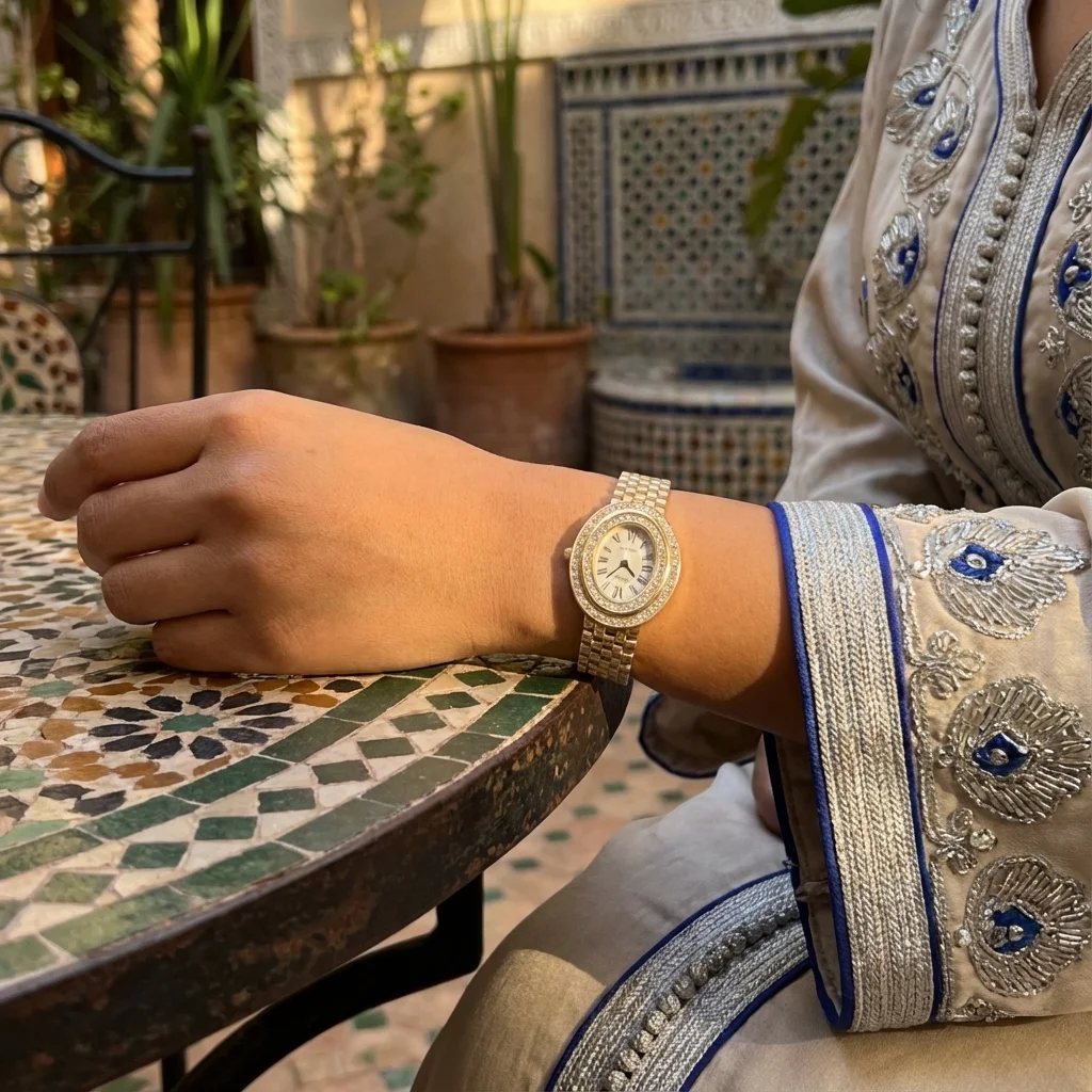 ساعة فاخرة — ذهبية بيضاوية مرصعة بالأحجار اللامعة