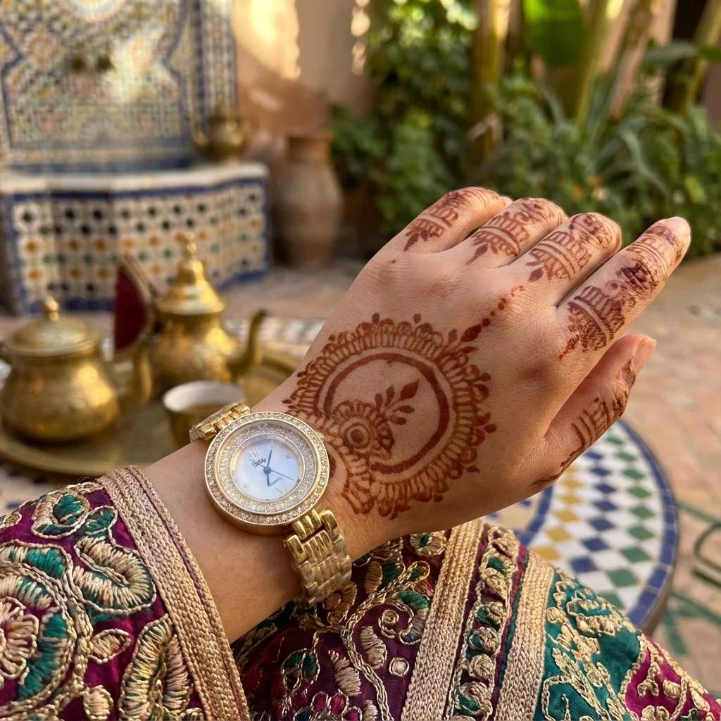 ساعة ذهبية فاخرة بوجه مرصّع وأرقام رومانية كلاسيكي