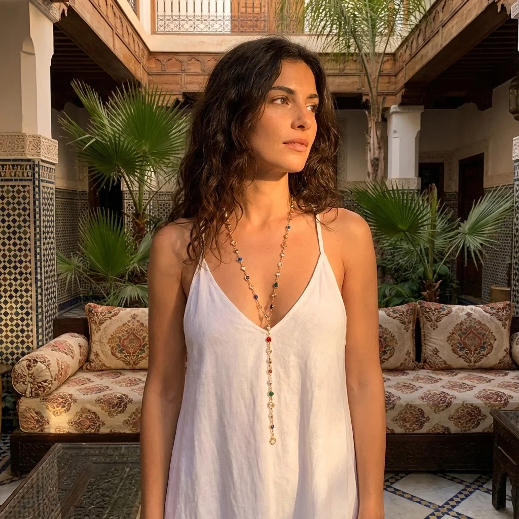 Collier doré avec perles facettées multicolores