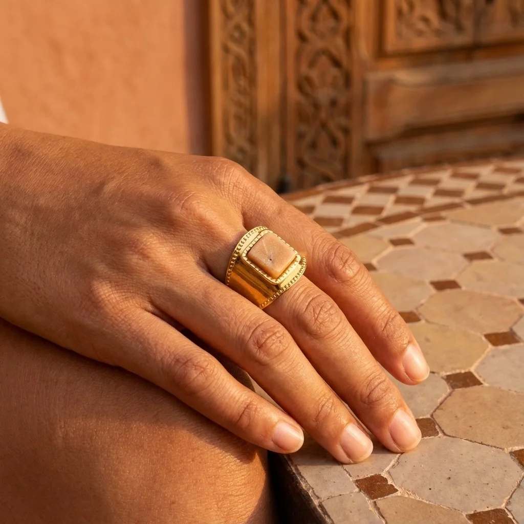 Bague Bandeau en Acier Inoxydable Doré 18k PVD - Cabochon Nude & Liseré Perlé