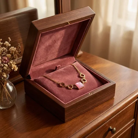 عقد ذهبي أنيق بحجر وردي مربع وتصميم سداسي فريد