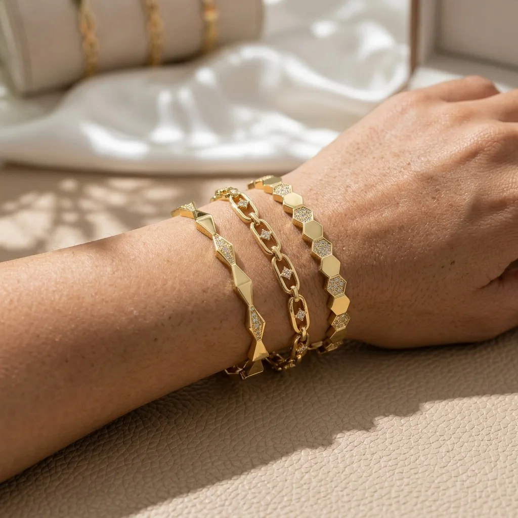 Trio de Bracelets en Acier Inoxydable Doré 18k PVD - Motifs Nid d'Abeille, Maillons & Losanges