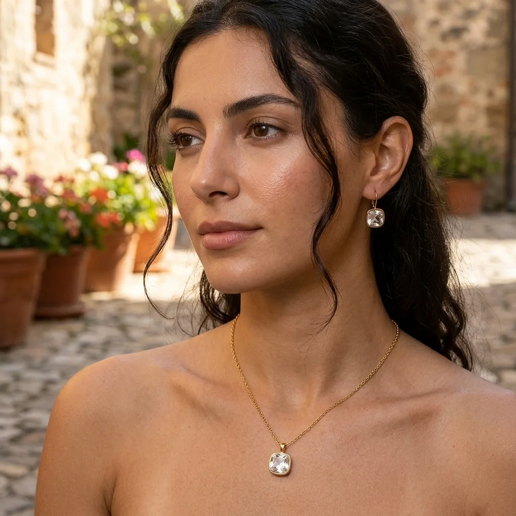 Parure Dorée Haute Qualité – Chaîne et Boucles Pendantes avec Pierre Cristalline Géométrique