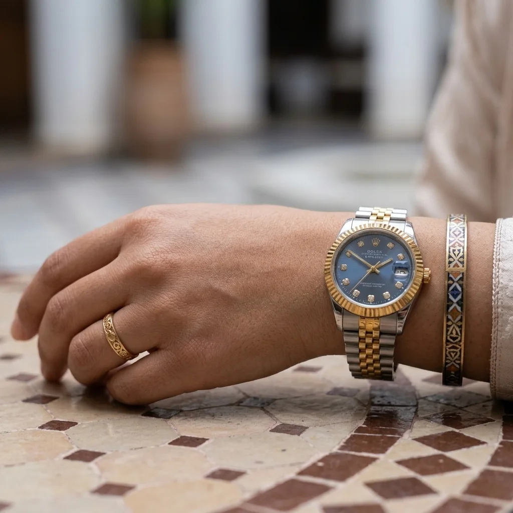 Montre de Luxe pour Femme – Cadran Bleu Royal, Lunette Cannelée et Bracelet Bicolore Doré