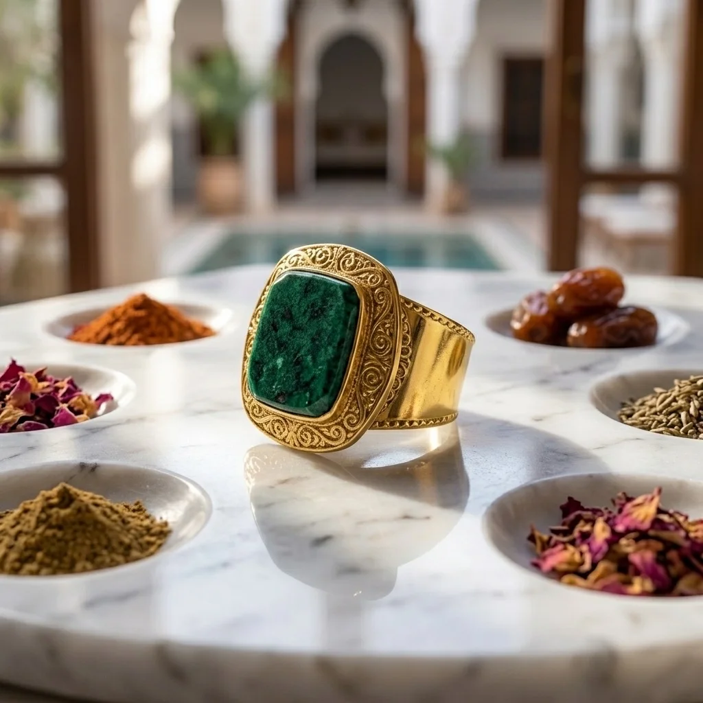 Bague Large Dorée pour Femme – Style Signet Royal avec Pierre Verte Émeraude Ciselée