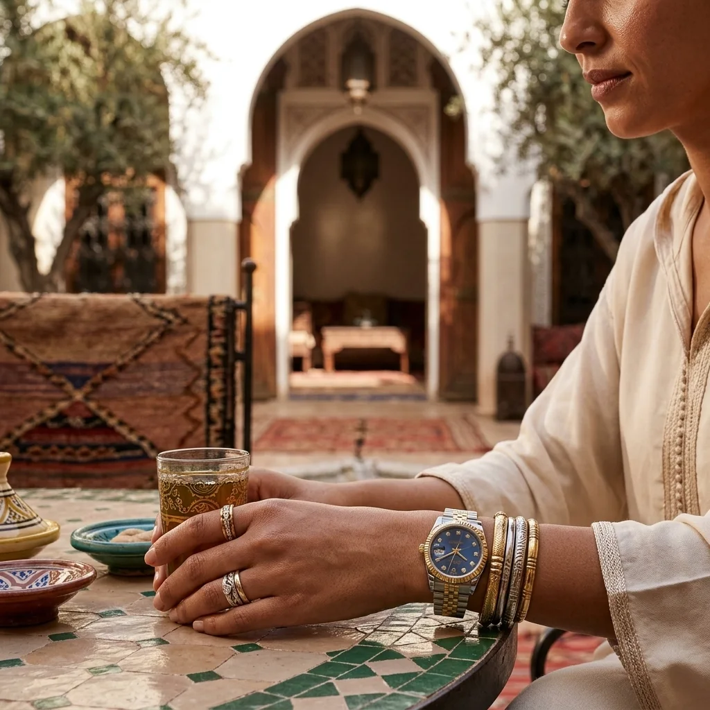 Montre de Luxe pour Femme – Cadran Bleu Royal, Lunette Cannelée et Bracelet Bicolore Doré
