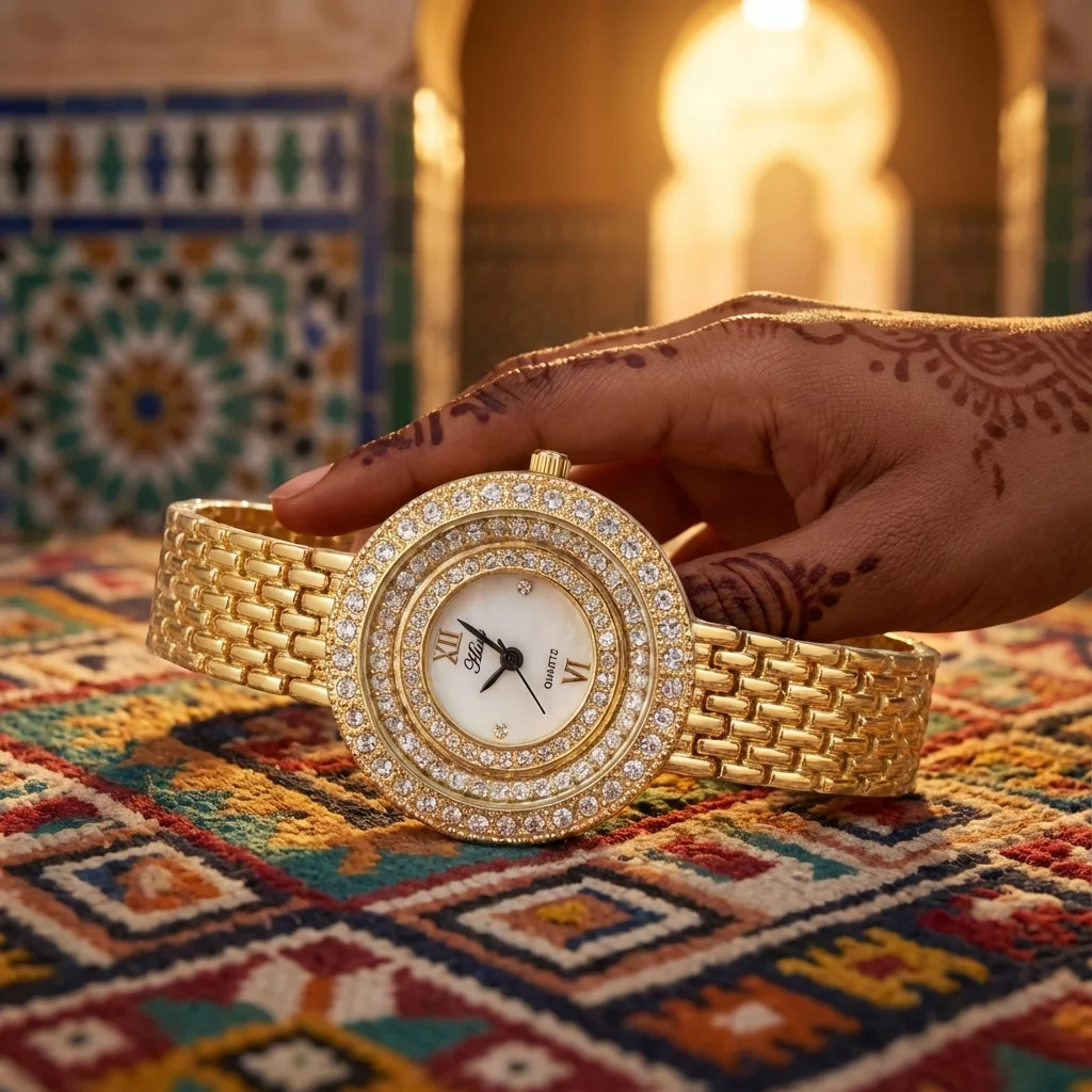 ساعة فاخرة مطلية بالذهب 18k– تصميم ملكي ولمسة من اللؤلؤ واللمعان