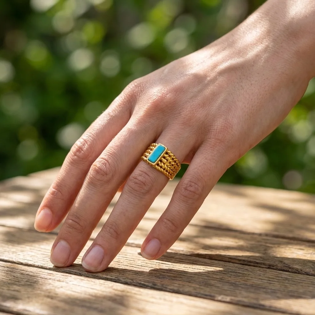 Bague Ajustable Large Dorée – Style Ethnique avec Pierre Rectangulaire Turquoise