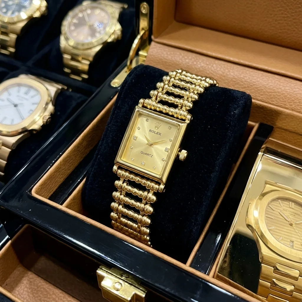 Montre-Bijou Rétro pour Femme – Design Doré Élégant, Style Maillons Perlés.03