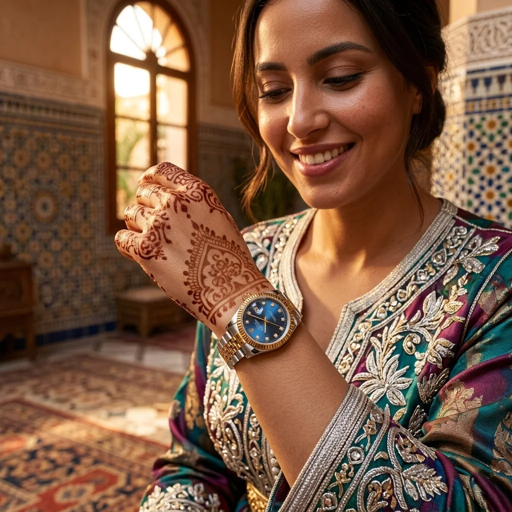 Montre de Luxe pour Femme – Cadran Bleu Royal, Lunette Cannelée et Bracelet Bicolore Doré