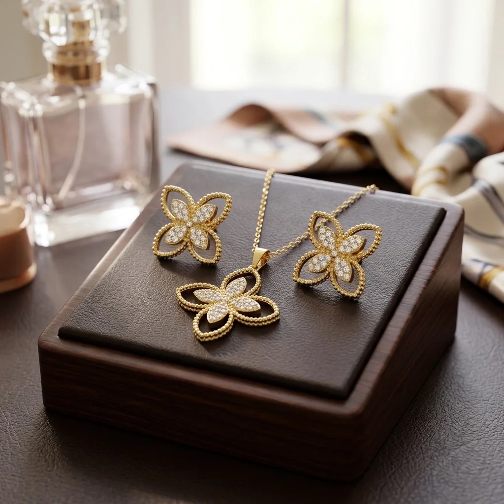 Parure Collier et Boucles d'Oreilles Dorés – Motif Fleur Trèfle Stylisé en Perles de Métal & Strass