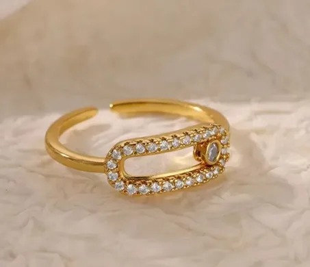 خاتم نسائي مفتوح أنيق مطلي بالذهب الحقيقي بتقنية PVD مع أحجار لامعة