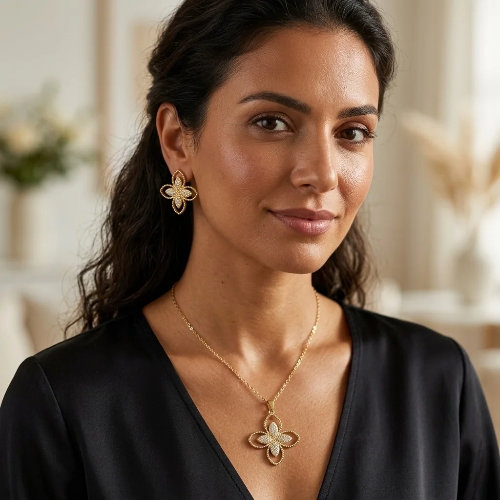 Parure Collier et Boucles d'Oreilles Dorés – Motif Fleur Trèfle Stylisé en Perles de Métal & Strass