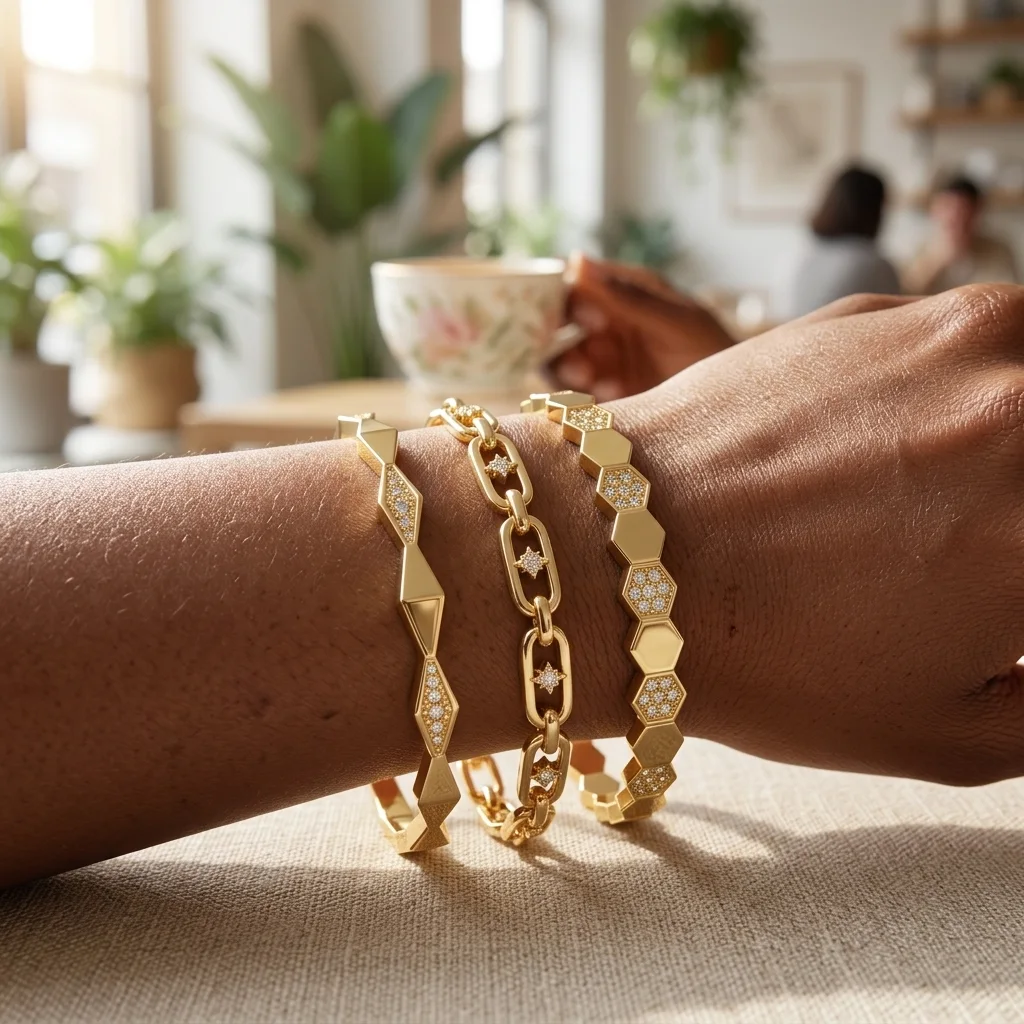 Trio de Bracelets en Acier Inoxydable Doré 18k PVD - Motifs Nid d'Abeille, Maillons & Losanges