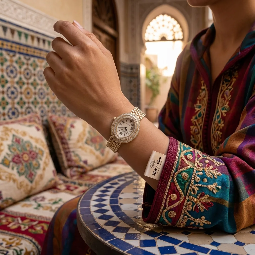 ساعة فاخرة — ذهبية بيضاوية مرصعة بالأحجار اللامعة