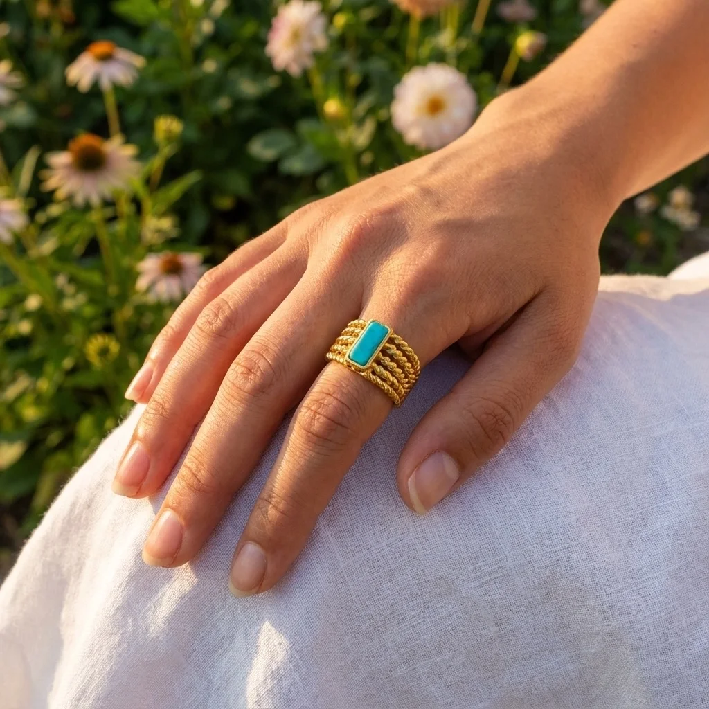 Bague Ajustable Large Dorée – Style Ethnique avec Pierre Rectangulaire Turquoise