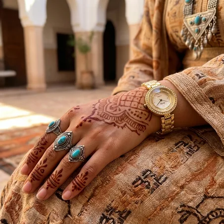 ساعة ذهبية فاخرة بوجه مرصّع وأرقام رومانية كلاسيكي