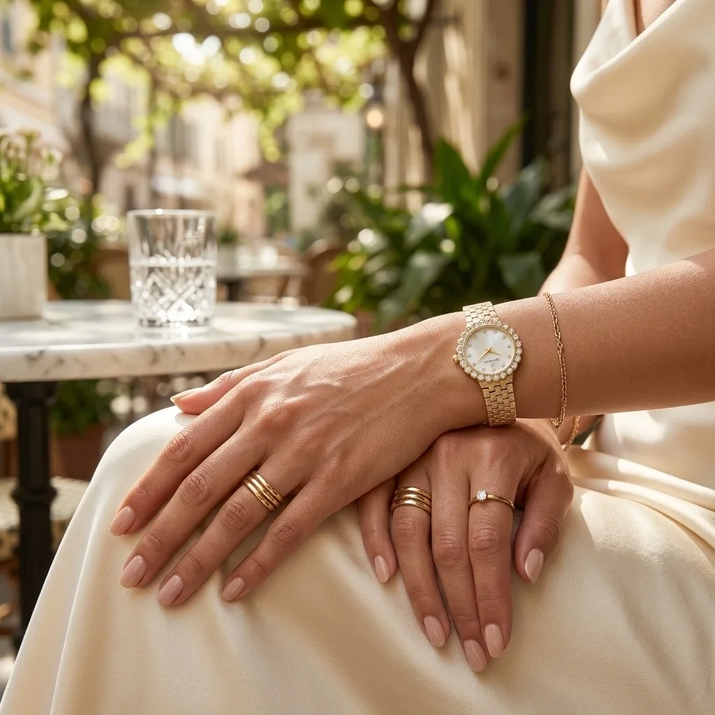 Montre-Bijou Dorée pour Femme – Lunette Florale en Cristaux & Cadran Nacre Blanche