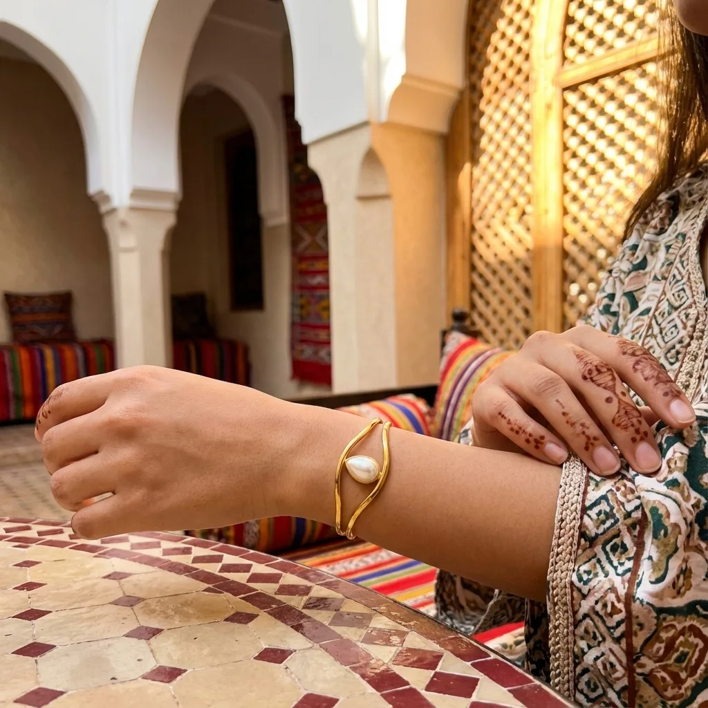 سوار ذهبي بلؤلؤة بيضاء  – أناقة شاعرية