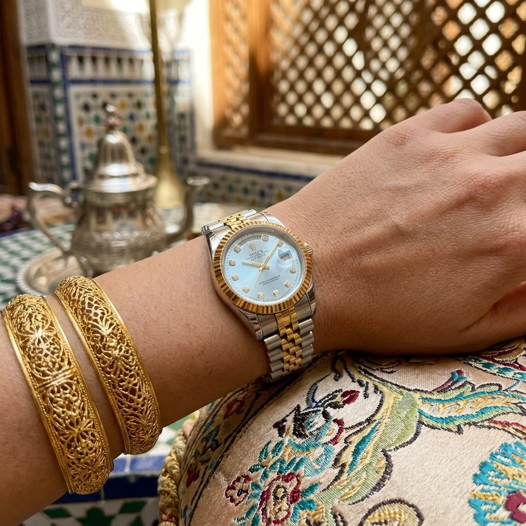 Montre Classique Élégante – Bracelet Bicolore Or et Argent, Index Cristaux avec Dateur