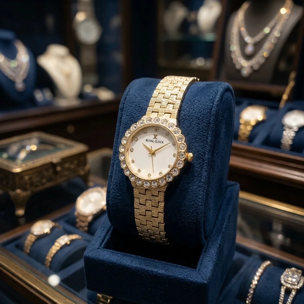 Montre-Bijou Dorée pour Femme – Lunette Florale en Cristaux & Cadran Nacre Blanche
