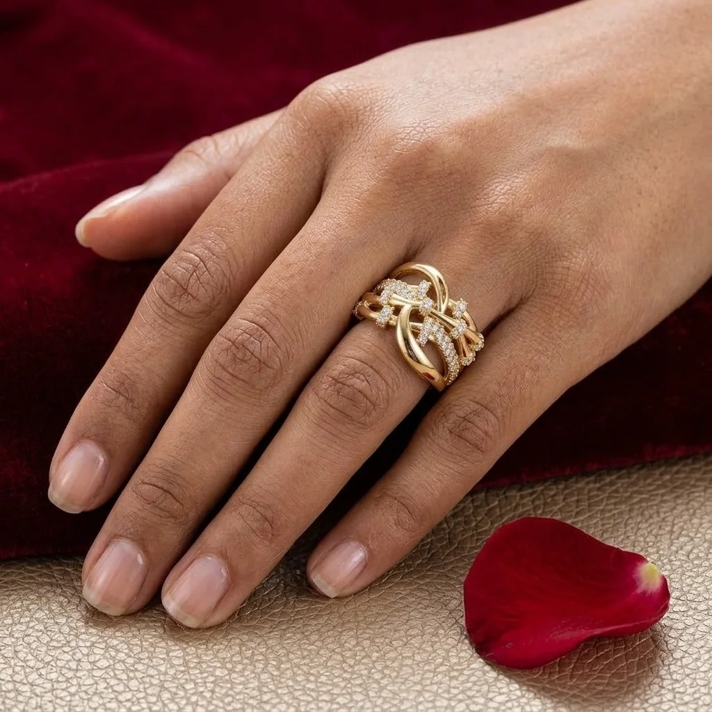 Bague Large Dorée pour Femme – Design Entrelacé Sculptural Pavé de Strass