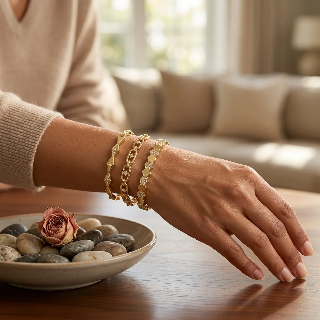Trio de Bracelets en Acier Inoxydable Doré 18k PVD - Motifs Nid d'Abeille, Maillons & Losanges