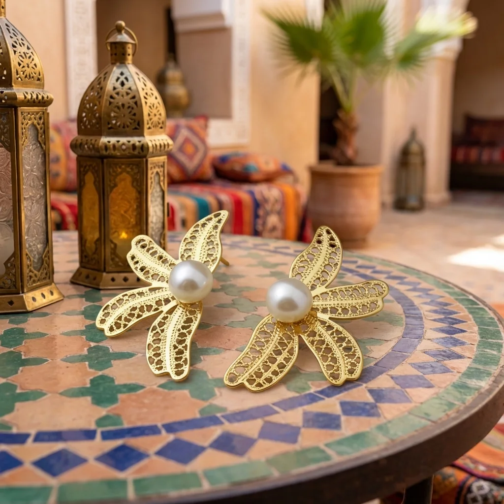 أقراط ذهبية بلؤلؤة مركزية – أناقة مجنّحة