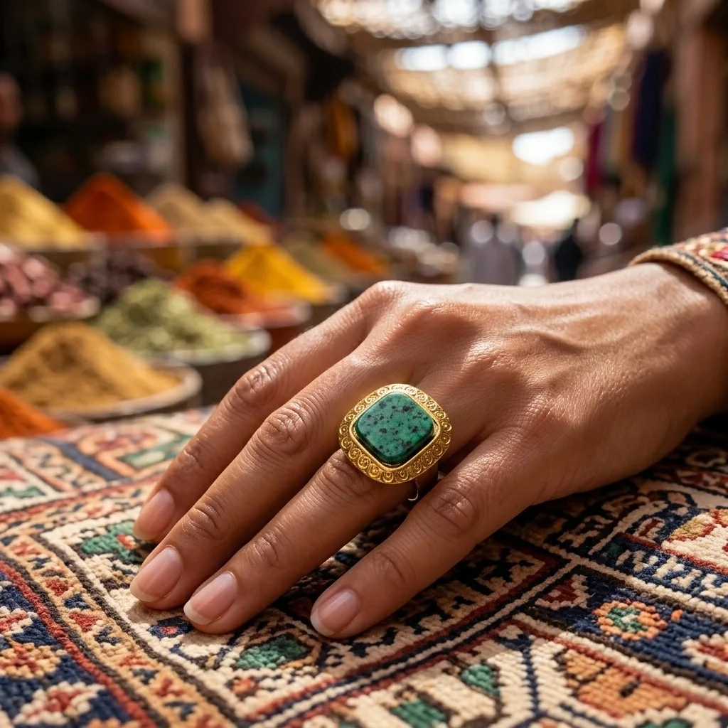 Bague Large Dorée pour Femme – Style Signet Royal avec Pierre Verte Émeraude Ciselée