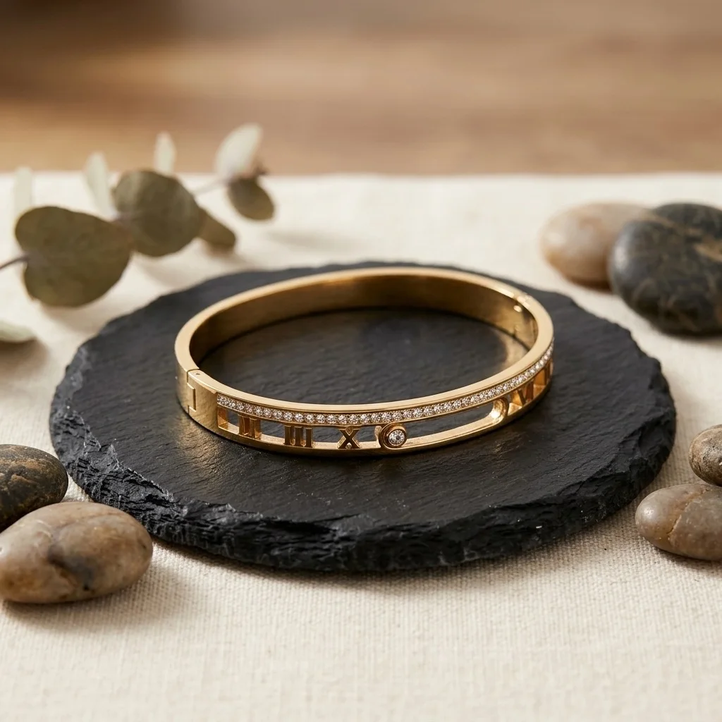 Jonc Rigide Doré Haute Qualité – Design Horlogerie Chic avec Strass Central