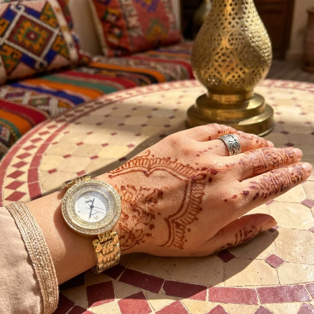 ساعة ذهبية فاخرة بوجه مرصّع وأرقام رومانية كلاسيكي