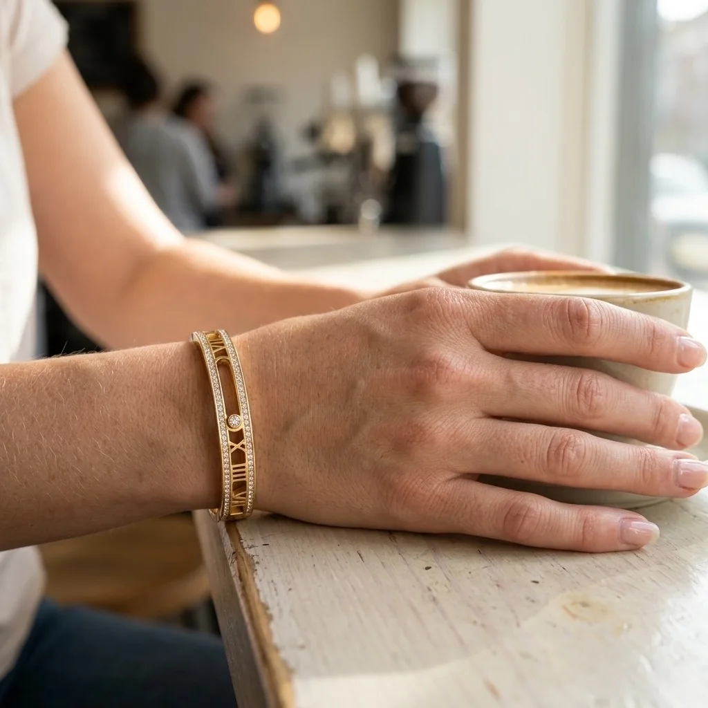 Jonc Rigide Doré Haute Qualité – Design Horlogerie Chic avec Strass Central