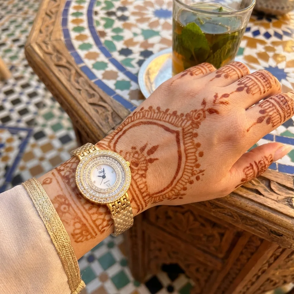 ساعة فاخرة مطلية بالذهب 18k– تصميم ملكي ولمسة من اللؤلؤ واللمعان