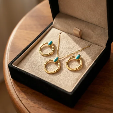 طقم مجوهرات فيروز ذهبي - عقد وأقراط دائرية بتصميم عصري