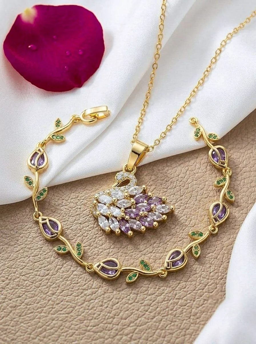Parure Bijoux Femme Dorée – Collier Pendentif Cygne en Cristaux & Bracelet Assorti