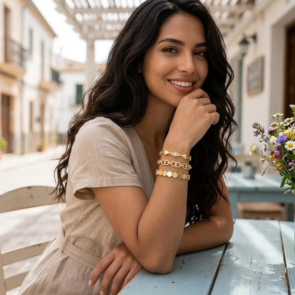 Trio de Bracelets en Acier Inoxydable Doré 18k PVD - Motifs Nid d'Abeille, Maillons & Losanges