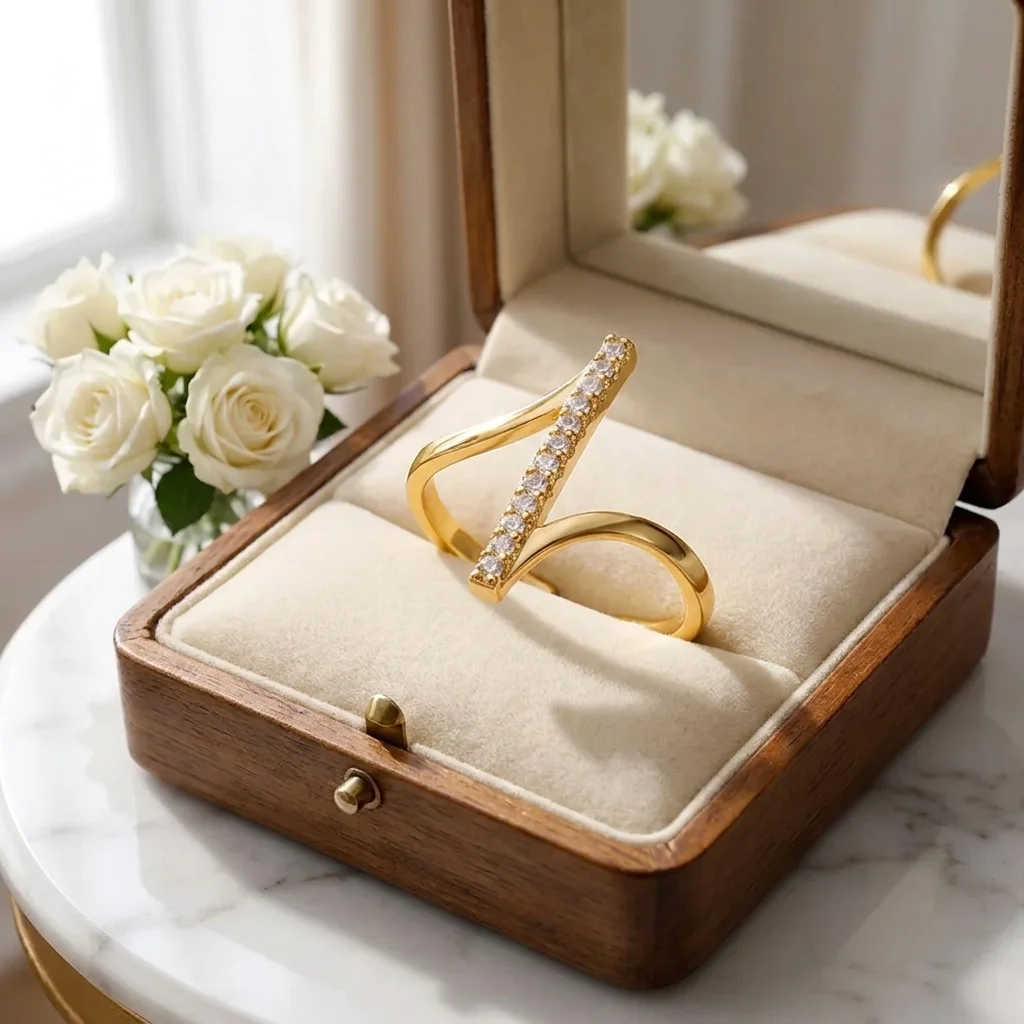 Bague Ajustable Géométrique Dorée – Design Asymétrique en Z avec Barre de Strass