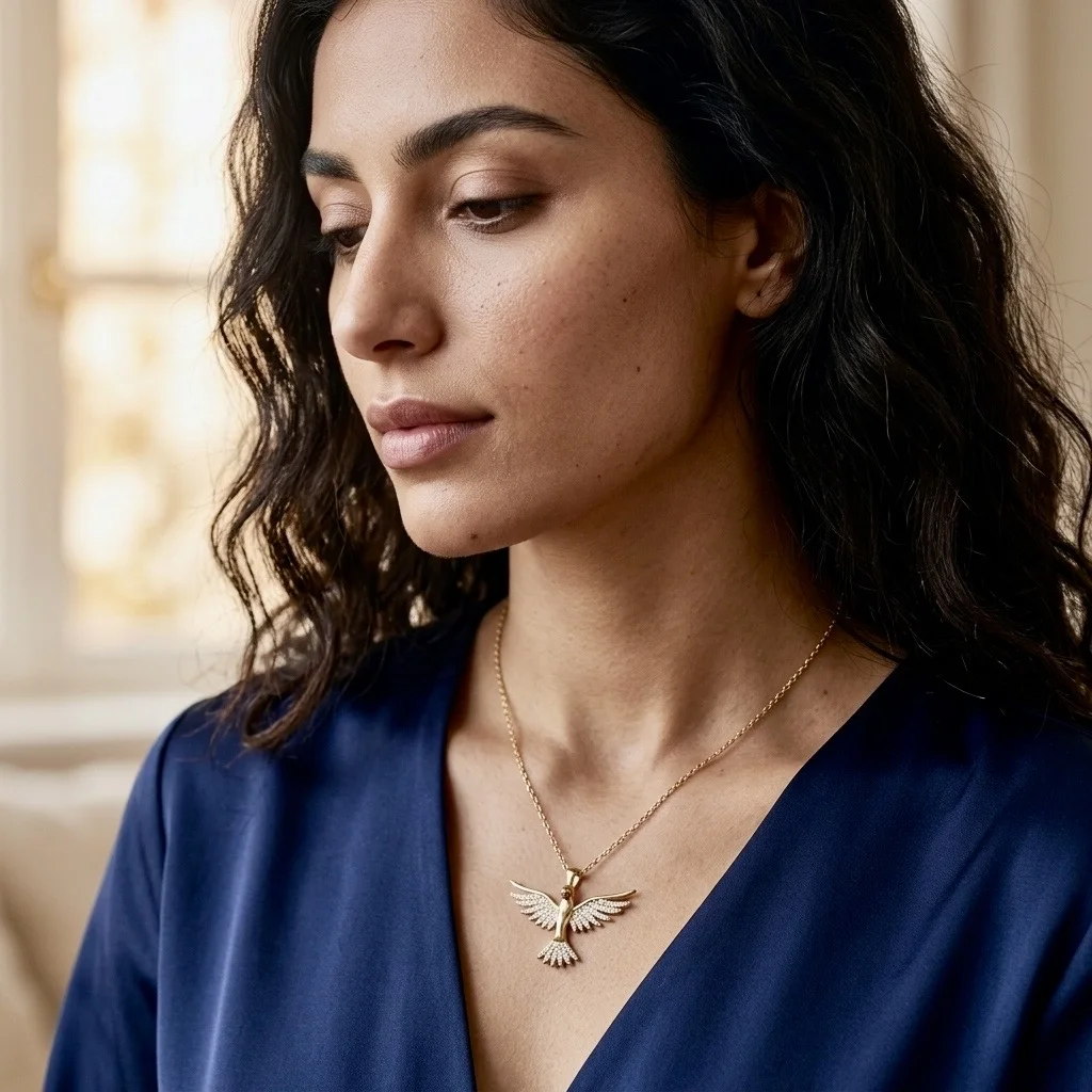 Collier Pendentif Oiseau en Vol Doré – Motif Colombe de la Paix Pavé de Strass