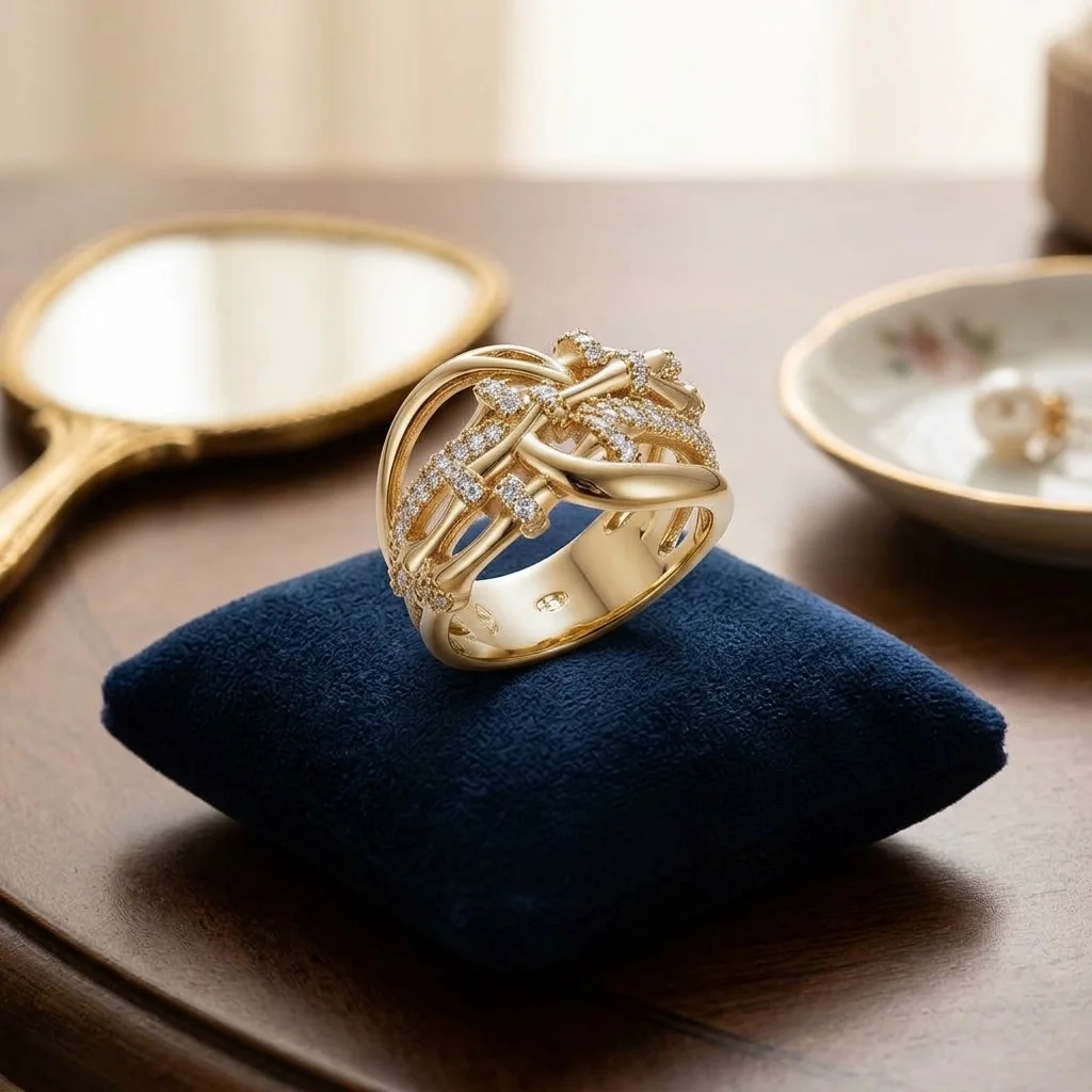 Bague Large Dorée pour Femme – Design Entrelacé Sculptural Pavé de Strass