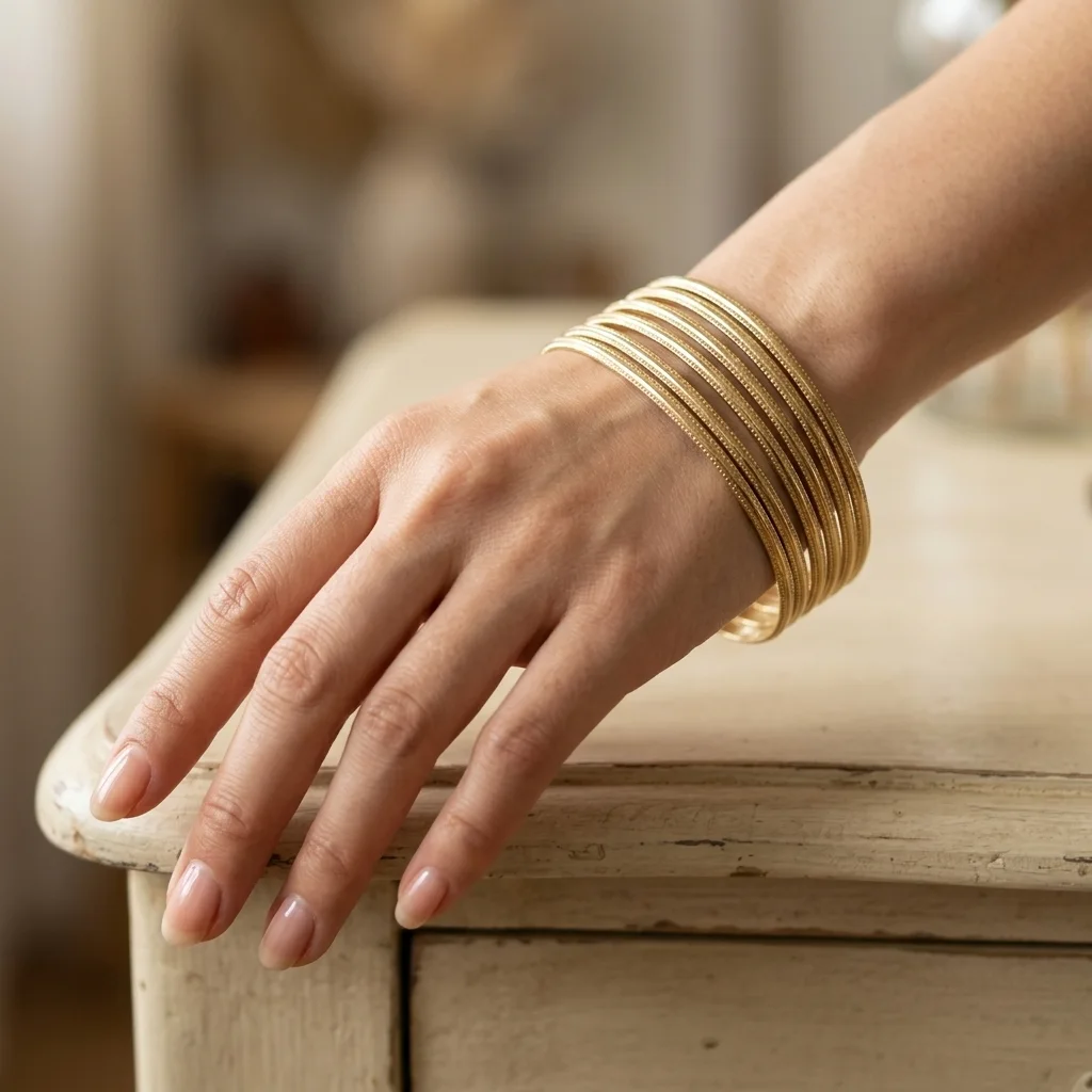 Set de 7 Bracelets Joncs Fins à Relief Perlé – Finition Or Éclatant