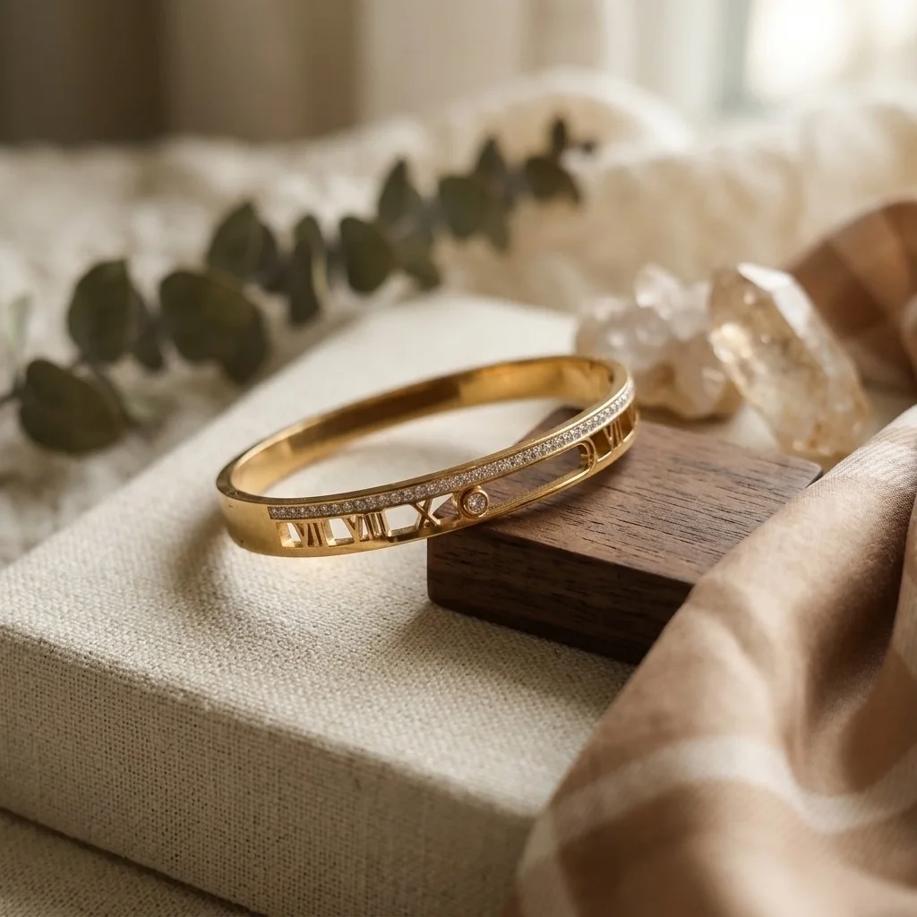 Jonc Rigide Doré Haute Qualité – Design Horlogerie Chic avec Strass Central