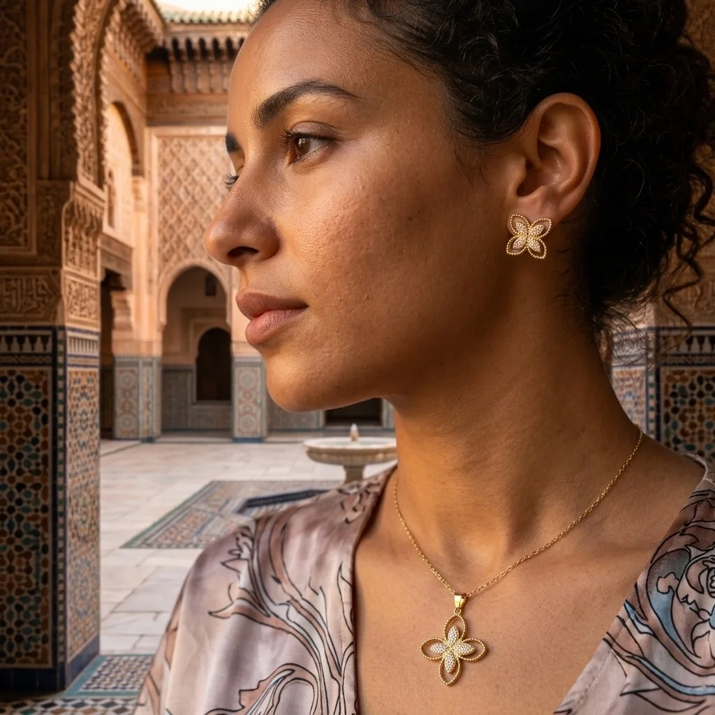 Parure Collier et Boucles d'Oreilles Dorés – Motif Fleur Trèfle Stylisé en Perles de Métal & Strass
